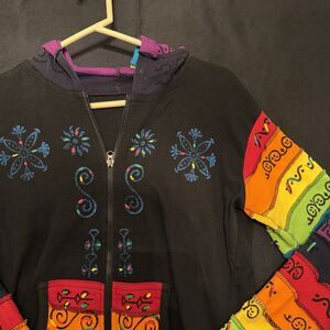 Rising International Nepal Boho Hippie Patchwork Hoodie Jacket Rainbow XL Black